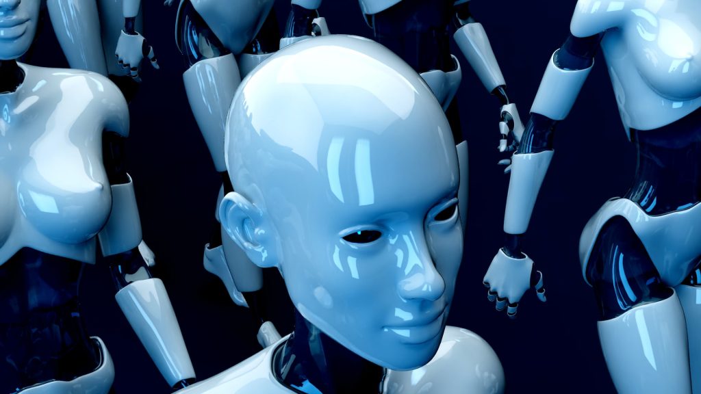 features a group of robots, with one robot in the center of the group. The robot in the center is wearing a mask and has a blue face, while the other robots are white.