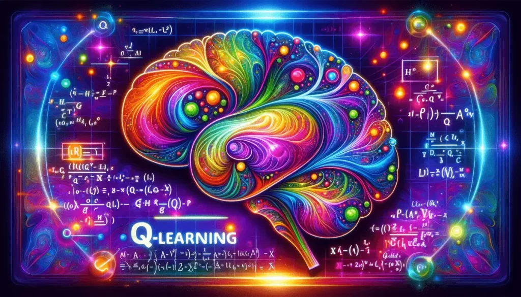 Psychedelic Q-Learning algorithm brain with the word "Q Learning" written on it. The brain is surrounded by various mathematical equations and symbols, creating a vibrant and visually stimulating scene. The combination of the brain and the equations suggests a connection between learning and the understanding of complex mathematical concepts.