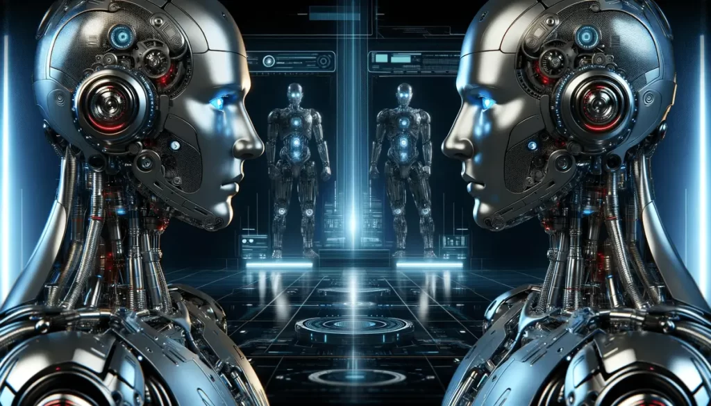 A futuristic scene with two robotic heads one is Grok and other one is ChatGpt, each with a metallic appearance. These robotic heads are positioned in front of a large screen, which seems to be displaying information or data. The scene appears to be a part of a futuristic cityscape, with the robotic heads possibly being a part of a larger robotic system or an advanced technology. The overall atmosphere of the image suggests a sense of innovation and technological advancement.