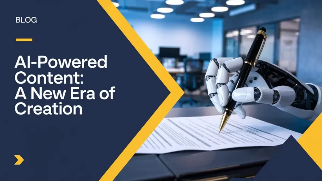 A robotic hand holding a pen, writing on a document. The background shows a modern office setting. The text "BLOG" and "AI-Powered Content: A New Era of Creation" is visible on th eleft part of the image.