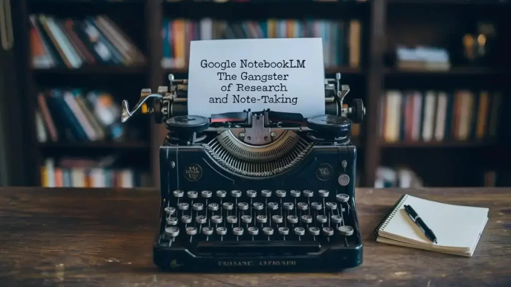A vintage typewriter sits on a wooden desk in front of a bookshelf. The typewriter has a piece of paper in it that says "Google NotebookLM The Gangster of Research and Note-Taking". There is a notebook and a pen next to the typewriter.