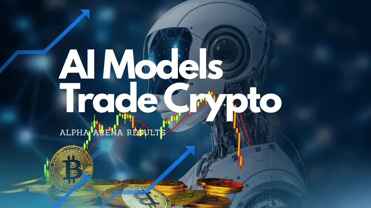 Humanoid robot over crypto candlestick chart with Bitcoin coins and arrows; text reads “AI Models Trade Crypto - Alpha Arena Results”