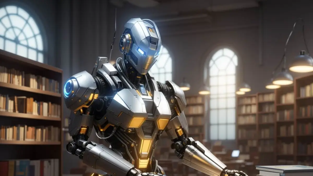 a robot sitting at a desk in a library, surrounded by books. The robot is wearing a metallic suit and appears to be engaged in reading or working on a computer. The scene is set in a dimly lit room, which adds to the futuristic and mysterious atmosphere.