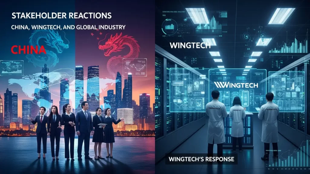Split image of China stakeholders and Wingtech lab visualizing reactions to the Nexperia seizure, charts and skyline.