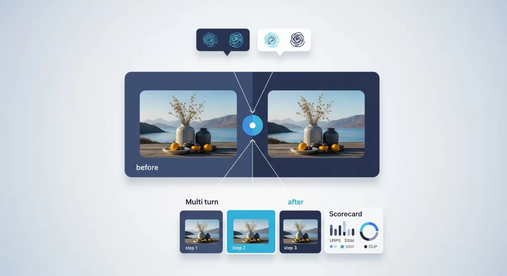 How to Use Pico-Banana-400K: before/after image edit with instruction hints, multi-turn steps (1–3), and evaluation scorecard for LPIPS, SSIM, CLIP.