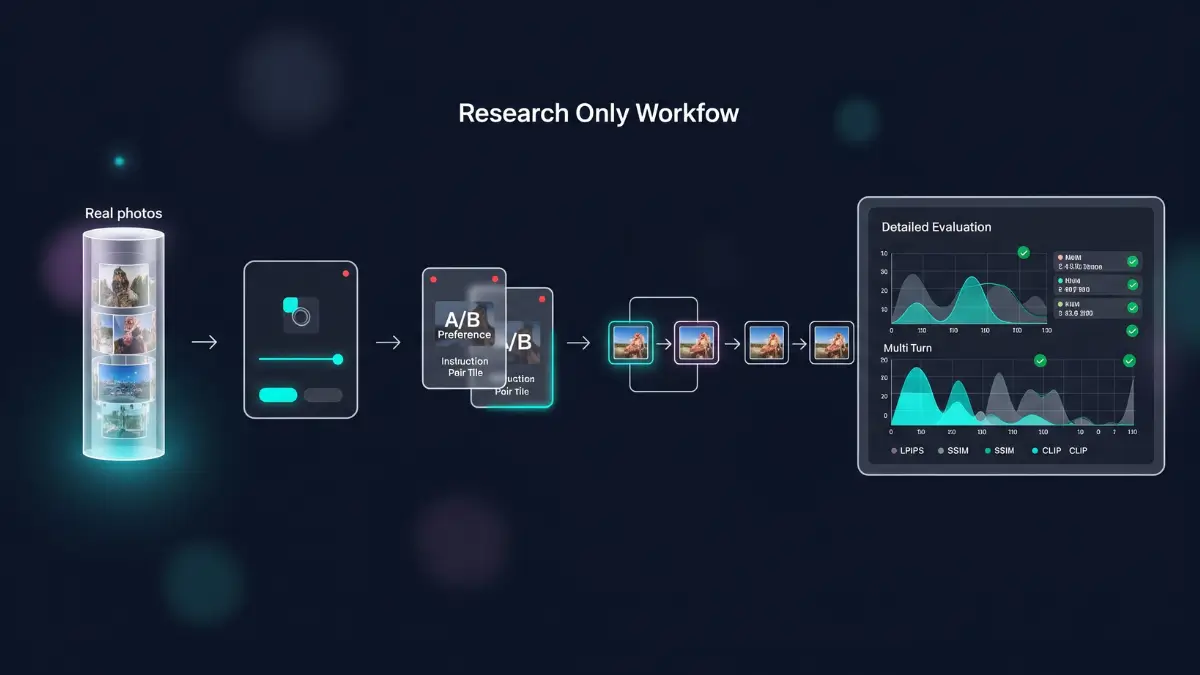 How to Use Pico-Banana-400K workflow: real-photo dataset → editor → A/B preference pairs → multi-turn edits → evaluation dashboard (LPIPS, SSIM, CLIP).