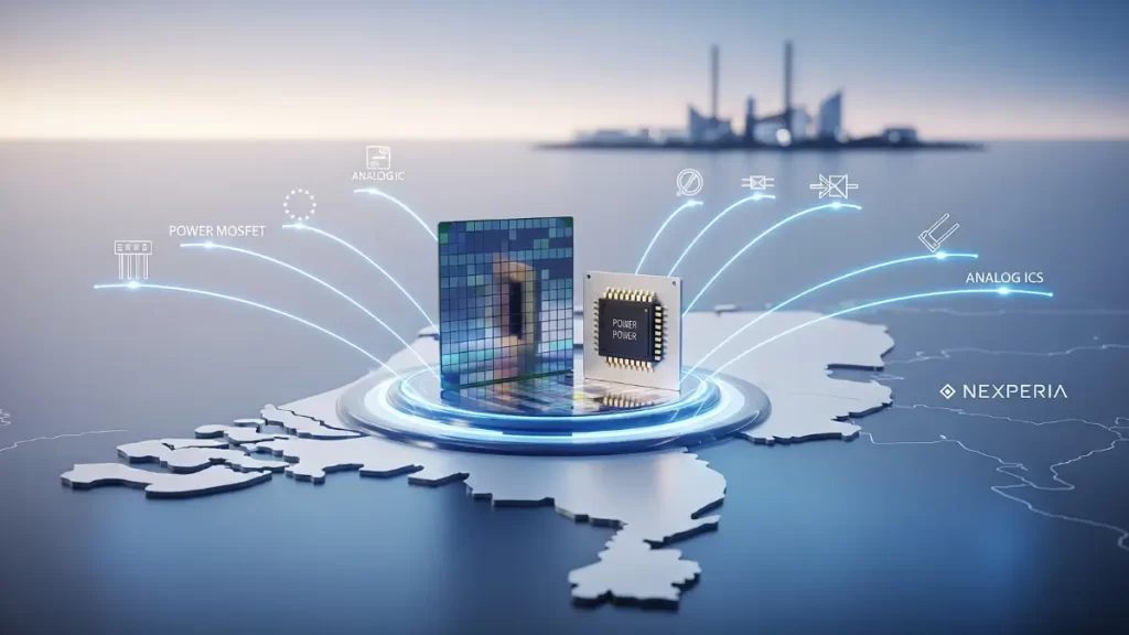 Nexperia wafer and power chip above Netherlands map, arcs to icons for power MOSFETs and analog ICs, factory silhouette