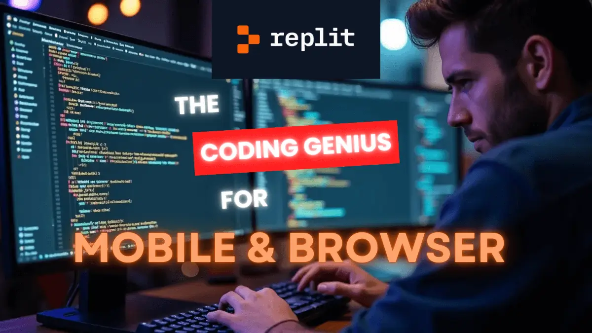 A focused programmer working on Replit, a browser-based IDE, displayed on dual monitors with lines of colorful code. The text overlay highlights Replit as a "coding genius" for mobile and browser development. The setting has a modern, tech-driven ambiance with a dimly lit workspace and glowing screens.