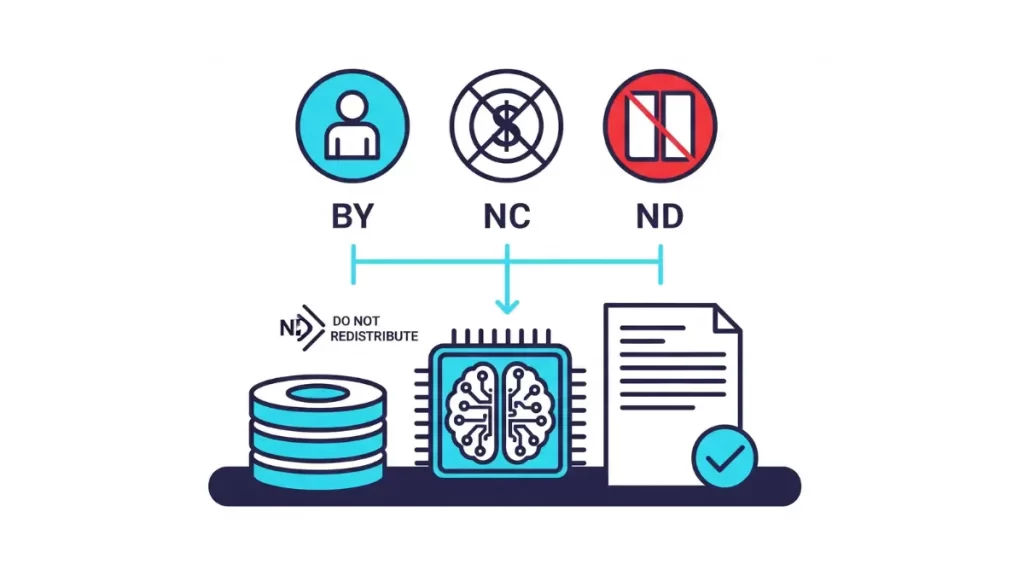 Vector illustration of CC BY-NC-ND for ML: BY (attribution), NC (non-commercial) and ND (no-derivatives) icons above a dataset stack, AI model-weights chip and compliance document with “Do not redistribute” label AI dataset license compliance.