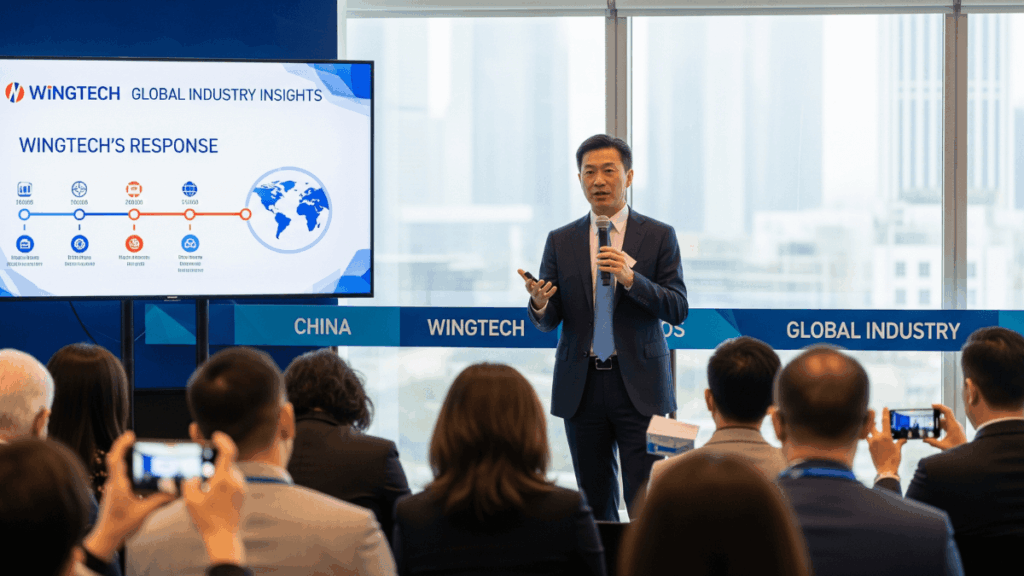 Wingtech executive presents response slide after Netherlands seizes Nexperia during press briefing.