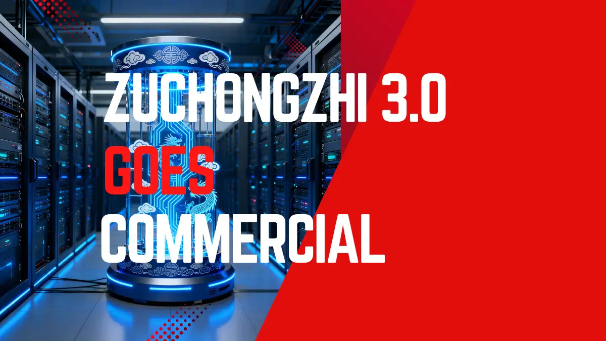 Holographic quantum chip with Chinese dragon in a data center, headline “Zuchongzhi 3.0 Goes Commercial,” symbolizing China’s quantum rollout.