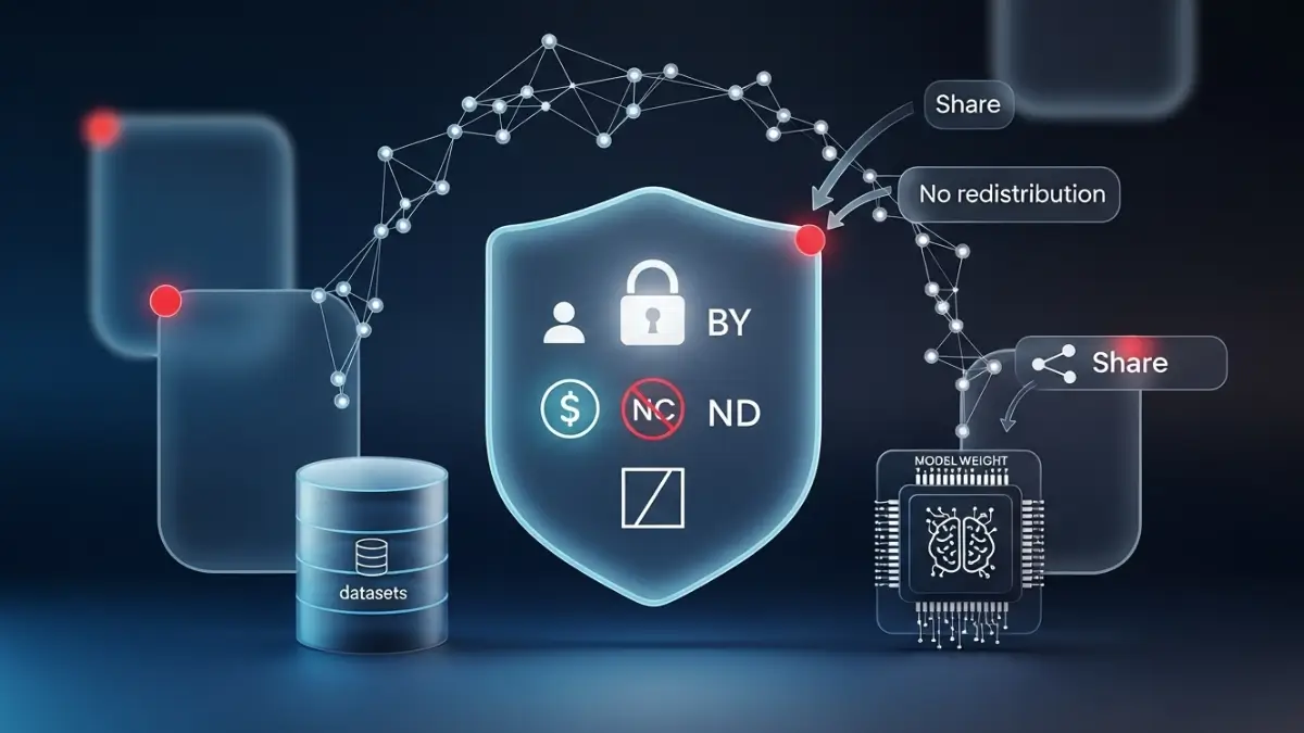 CC BY-NC-ND for ML hero showing BY attribution, NC non-commercial and ND no-derivatives icons on a glass shield, blocking dataset sharing and model-weights redistribution, with neural network, dataset cylinder and AI chip.