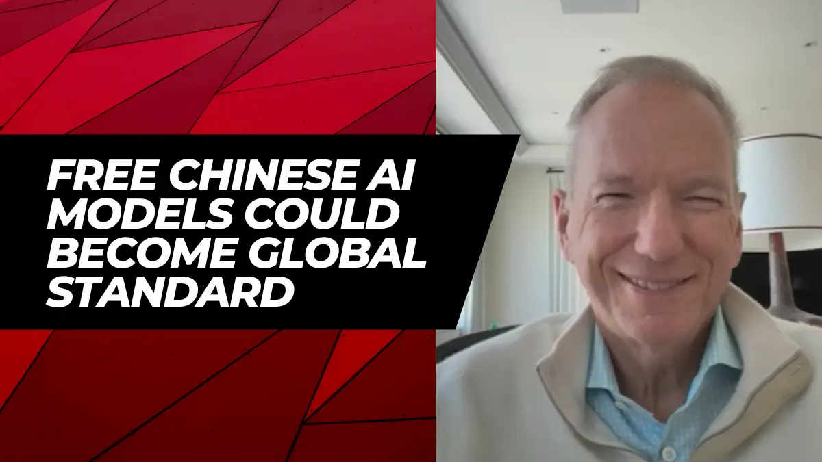 Black banner with the text “Free Chinese AI models could become global standard” beside a smiling person on a video call, over a red geometric backdrop.