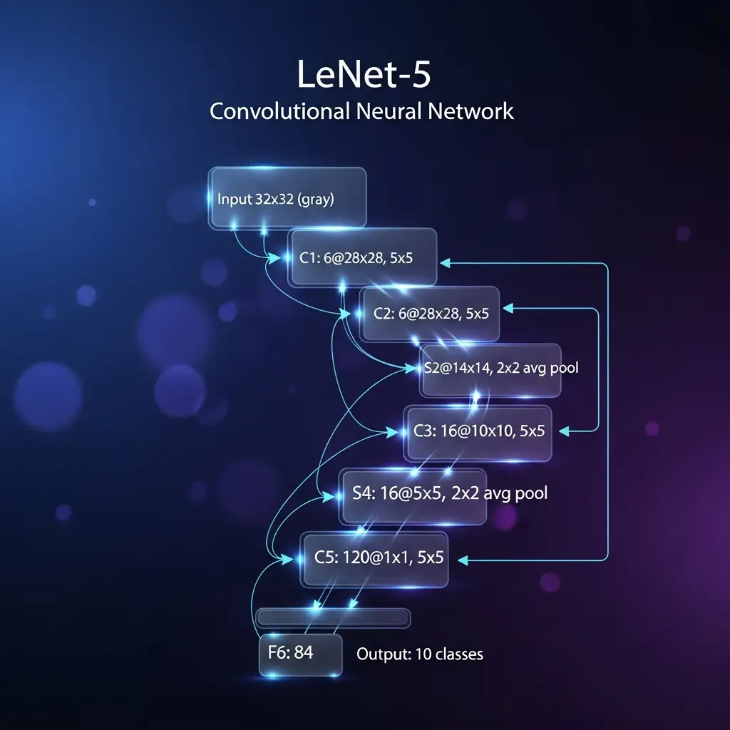 Liquid-glass style diagram visualizing  Yann LeCun 's LeNet-5 convolutional neural network architecture with labeled layers from input to output.