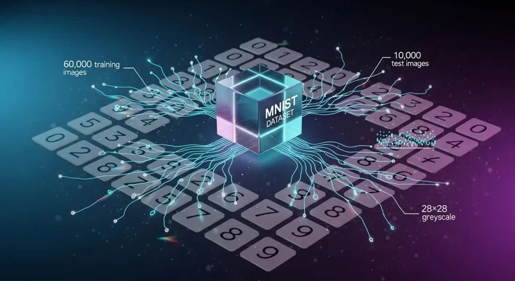 Liquid-glass style visualization of the MNIST Dataset showing a glowing cube labeled “MNIST Dataset” (Yann LeCun contribution) connected to handwritten digit samples through neural data streams.
